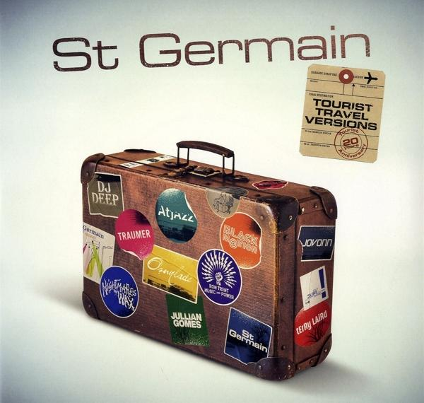 Album borító matricákkal teli bőrönddel. A cím: 'St Germain'.