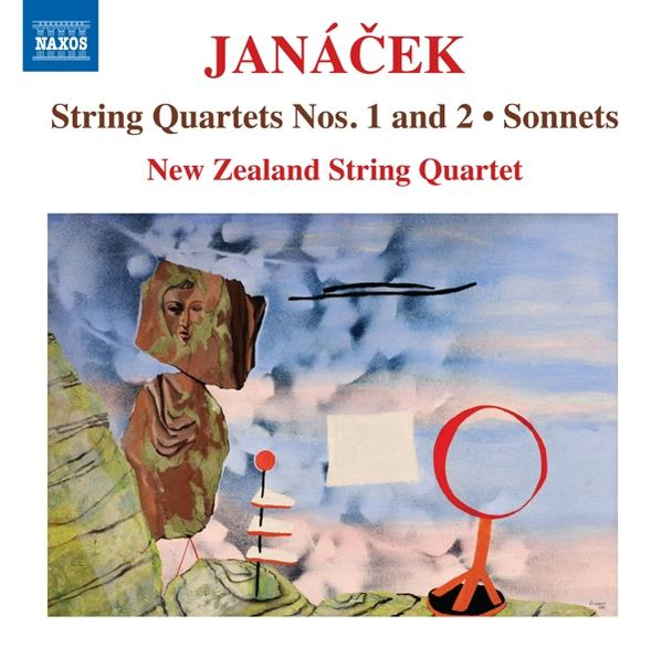 Albumhoes. Abstract schilderij van een gezicht en andere vormen. Tekst: Janacek String Quartets.