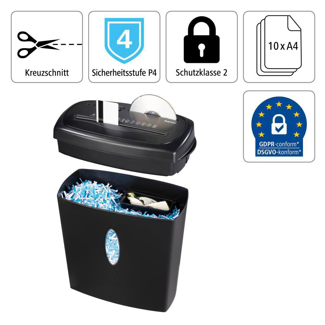 Schwarzer Aktenvernichter mit blauem Schreddergut und Symbolen. Oben: CD-Schredder. Symbole: Schere, 4, Vorhängeschloss, Papier.
