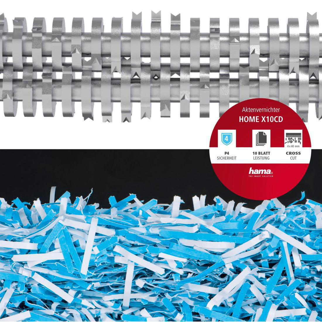 Nahaufnahme eines Aktenvernichters mit geschreddertem blau-weißem Papier.