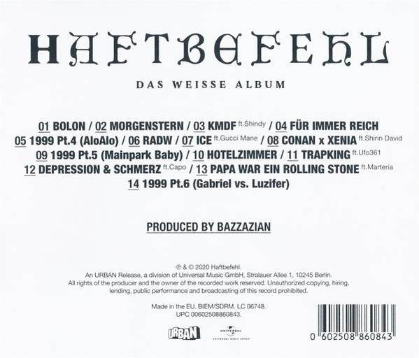 CD-Rückseite mit Text und Trackliste, oben der Name 'Haftbefehl'.