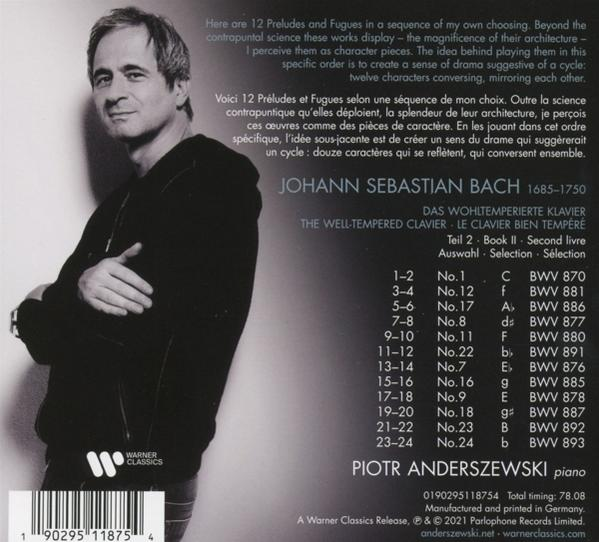 Schwarzweißbild eines Mannes mit deutschem Text über Bachs Musik.