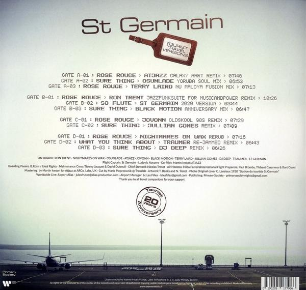 Die Rückseite eines Albums mit einer Liste von Titeln und Credits. Im Hintergrund ist ein Flugzeug zu sehen.