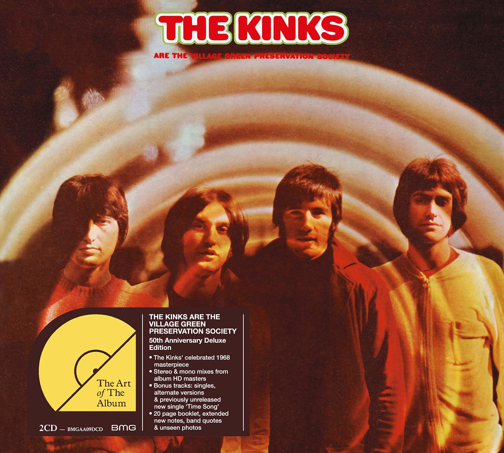 Albumcover für The Kinks. Zeigt vier Männer vor verschwommenem Hintergrund, mit gelbem Aufkleber.