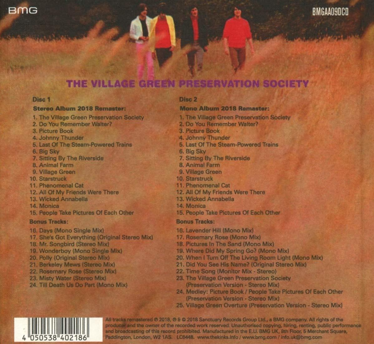 Albumcover mit einer Gruppe von Männern, die weggehen, Text von 'The Village Green Preservation Society'.