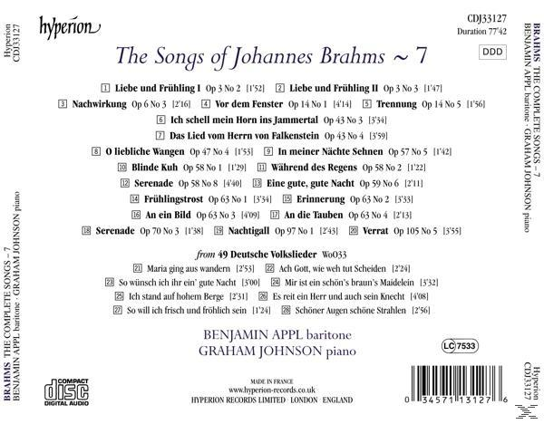 CD-Cover mit dem Titel "The Songs of Johannes Brahms ~ 7" und einer Liste von Liedern.
