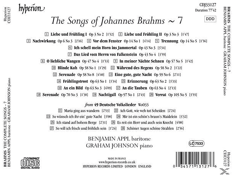 Thumbnail - Benjamin Appl, Graham Johnson - Die Lieder Vol.7 (CD)