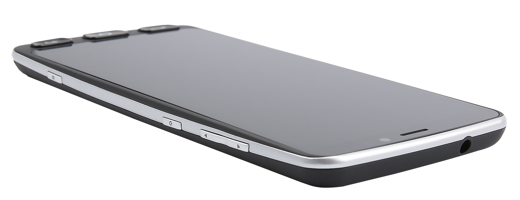 Schwarzes Smartphone mit silberner Umrandung, Tasten an der Seite und dunklem Bildschirm.