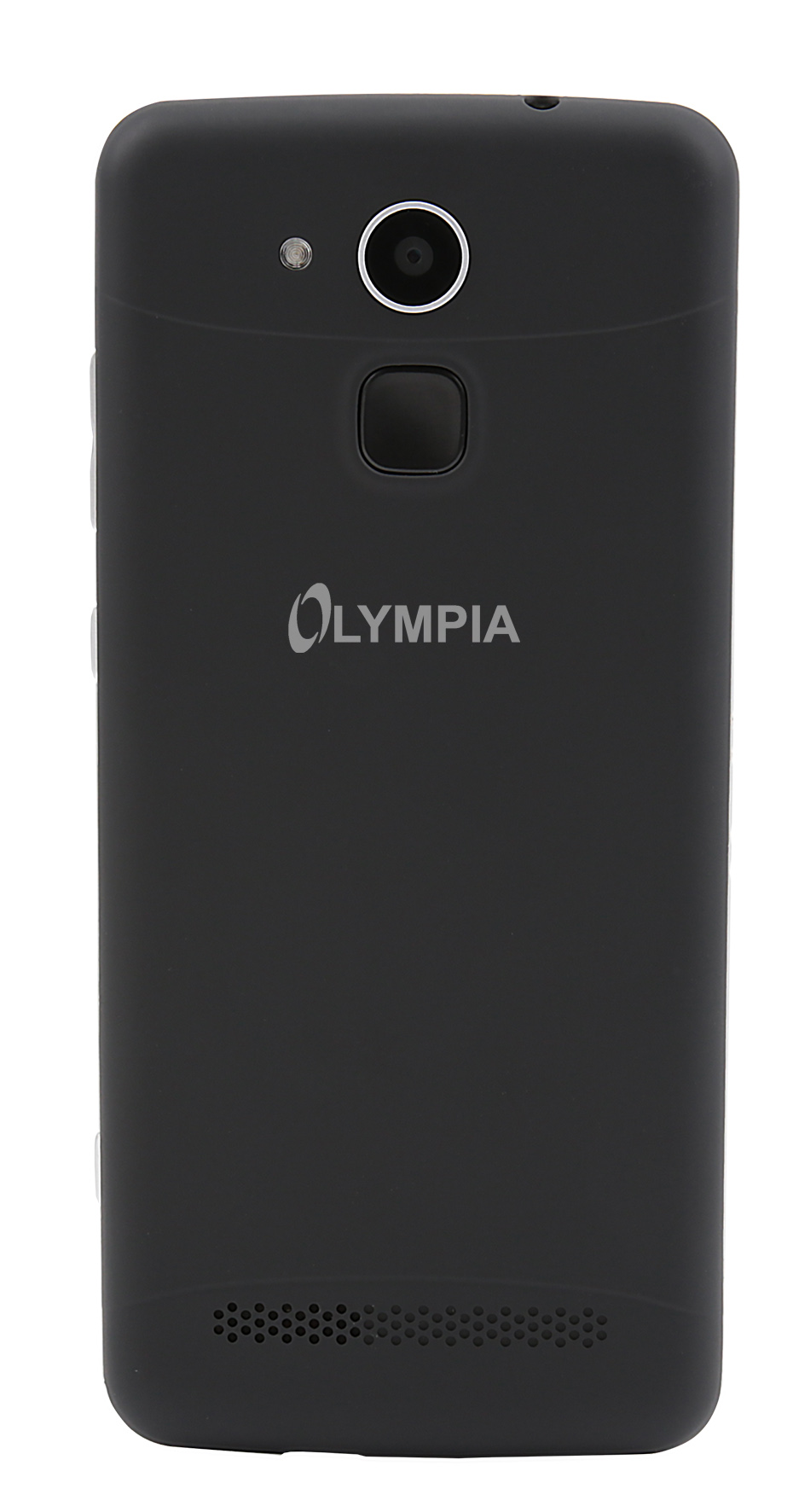 Rückseite eines schwarzen Olympia-Telefons. Kamera, Olympia-Logo und Lautsprecher sind sichtbar. Isoliert auf weißem Hintergrund.