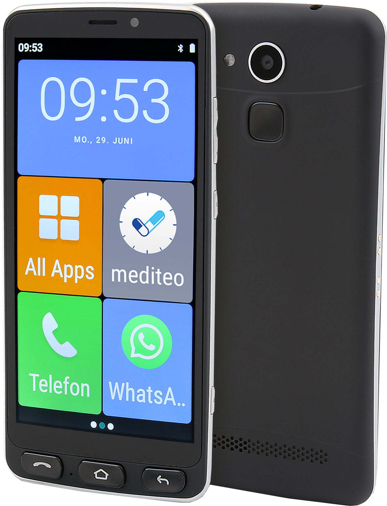 Schwarzes Smartphone mit großem Touchscreen. Der Bildschirm zeigt eine Uhr und App-Symbole wie Telefon und Whatsapp.