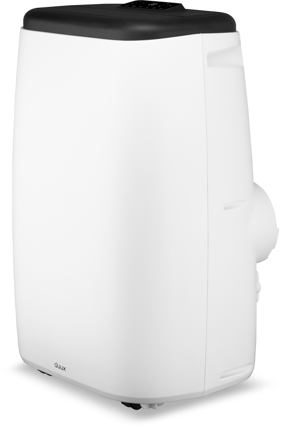Witte draagbare airconditioner met zwarte bovenkant en een zijventilator.