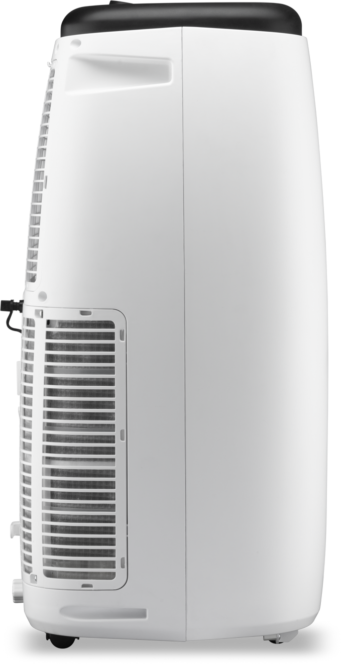 Witte airconditioner, zijaanzicht met filter- en ventilatiedetails.