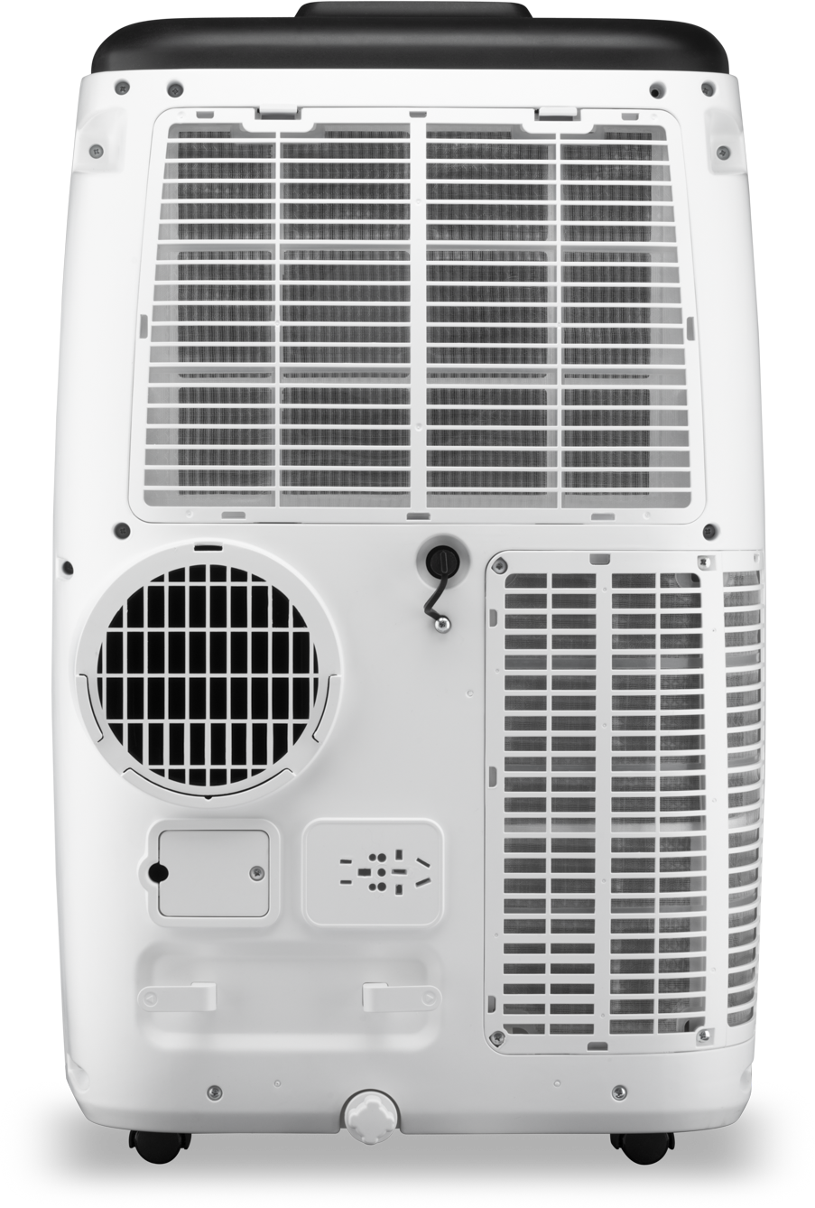 Achteraanzicht van een witte draagbare airconditioner met een zwarte rand.