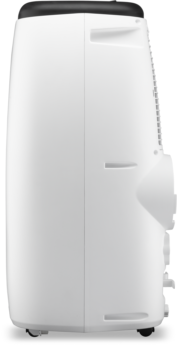 Witte draagbare airconditioner, zijaanzicht, met zwarte details.