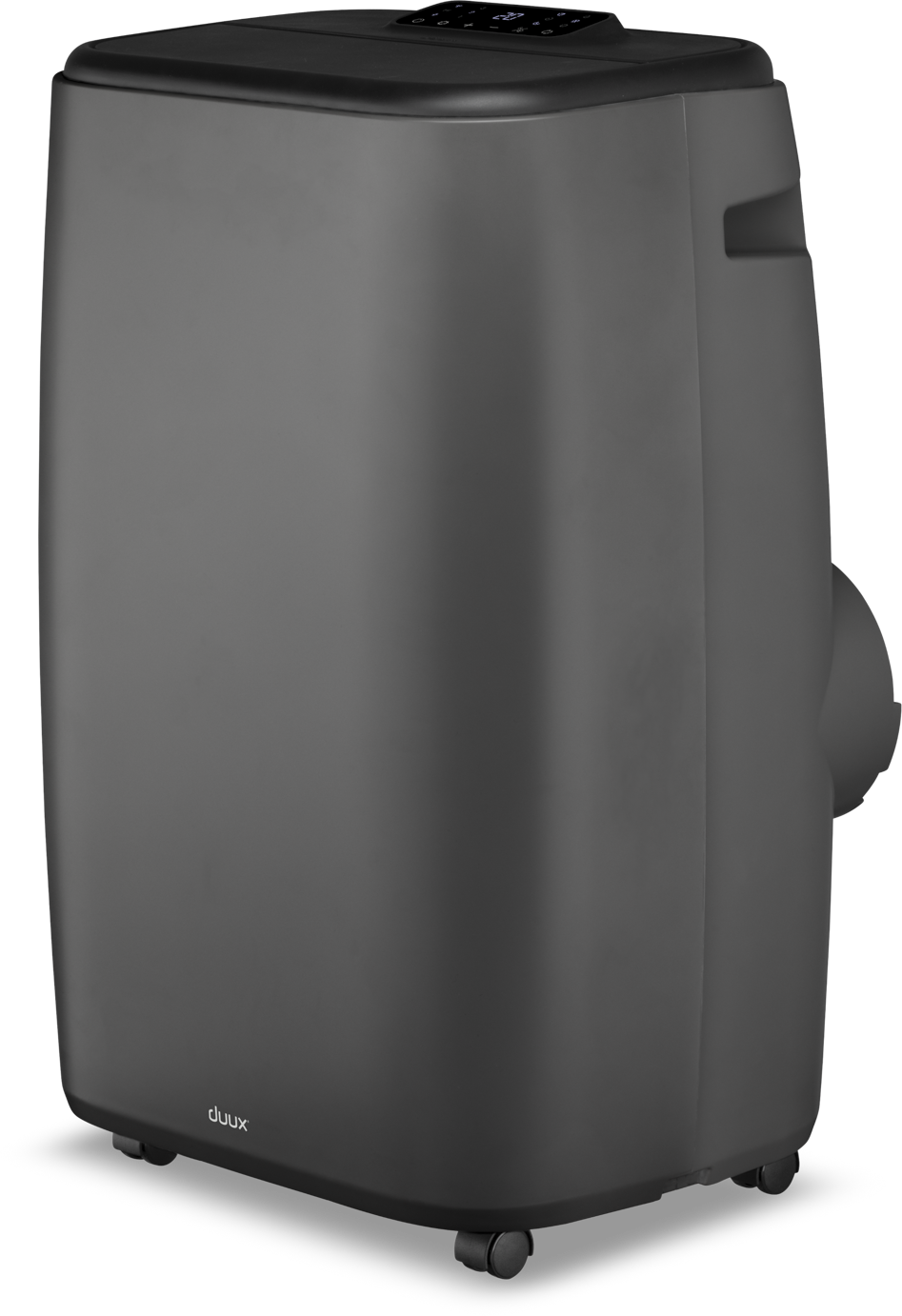 Black air conditioner with wheels and a control panel on top. The brand is duux.