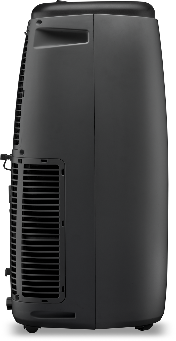 Zwarte airconditioner, zijaanzicht, met ventilatieopeningen.