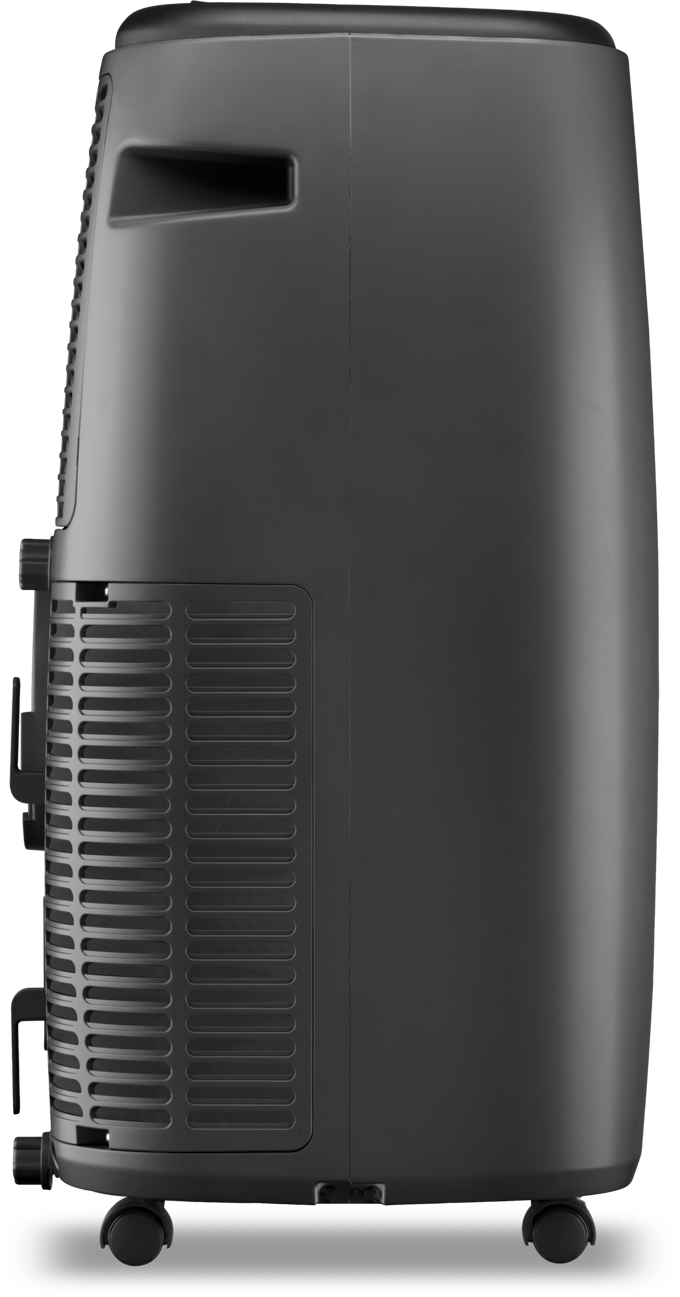 Black portable air conditioner, side view, with a vent and wheels.