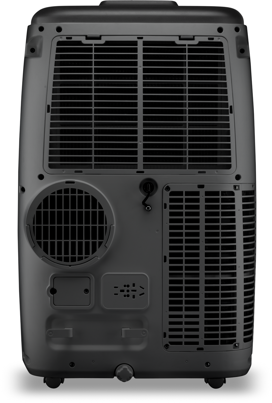 Achterkant van een grijze draagbare airconditioner met ventilatieopeningen en een bedieningspaneel.