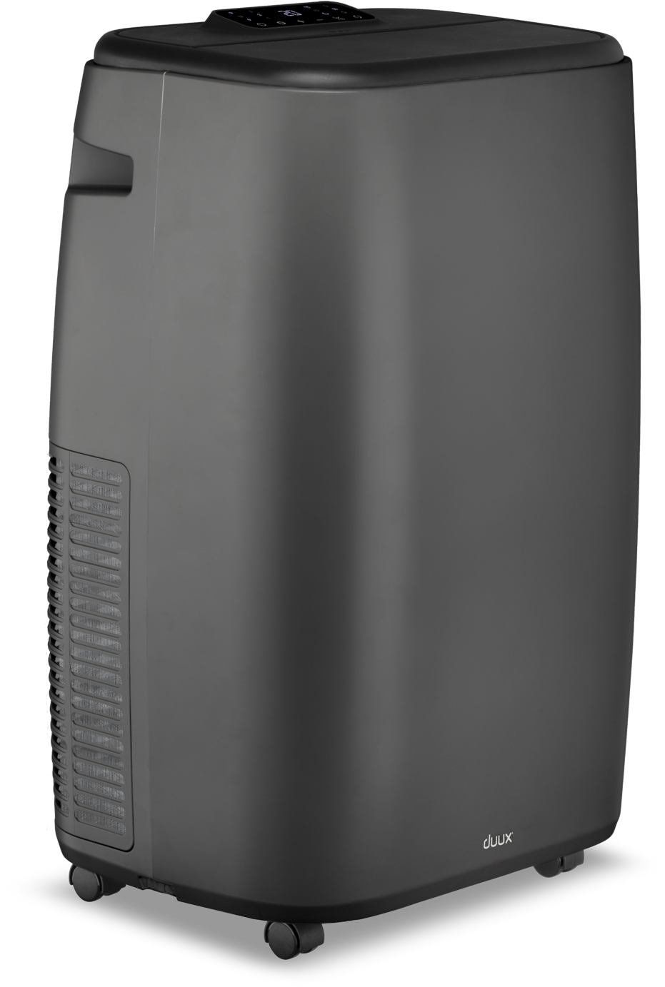 A black portable air conditioner with wheels, a sleek, modern design.
