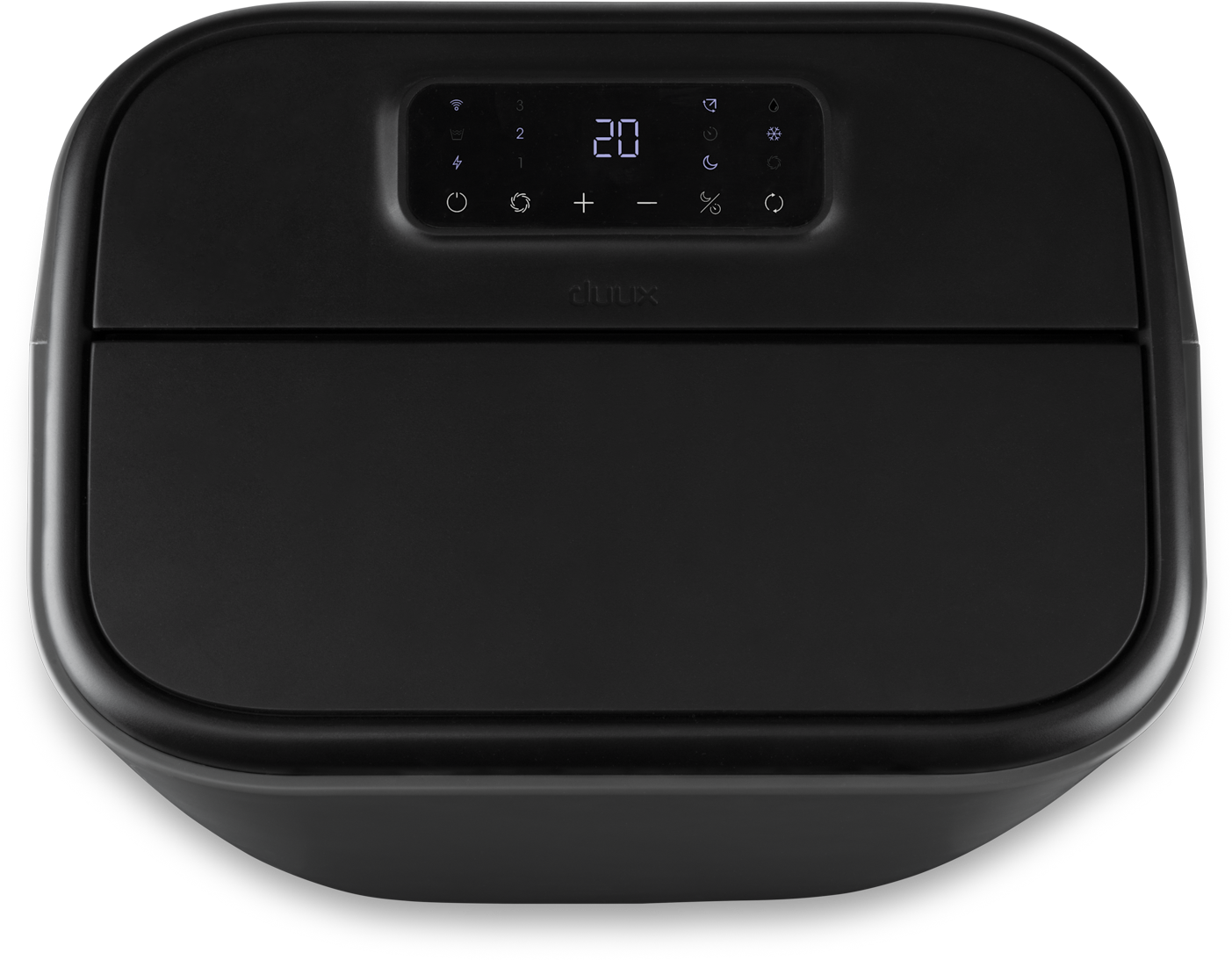 Top view of a black portable air conditioner, with control panel and display.