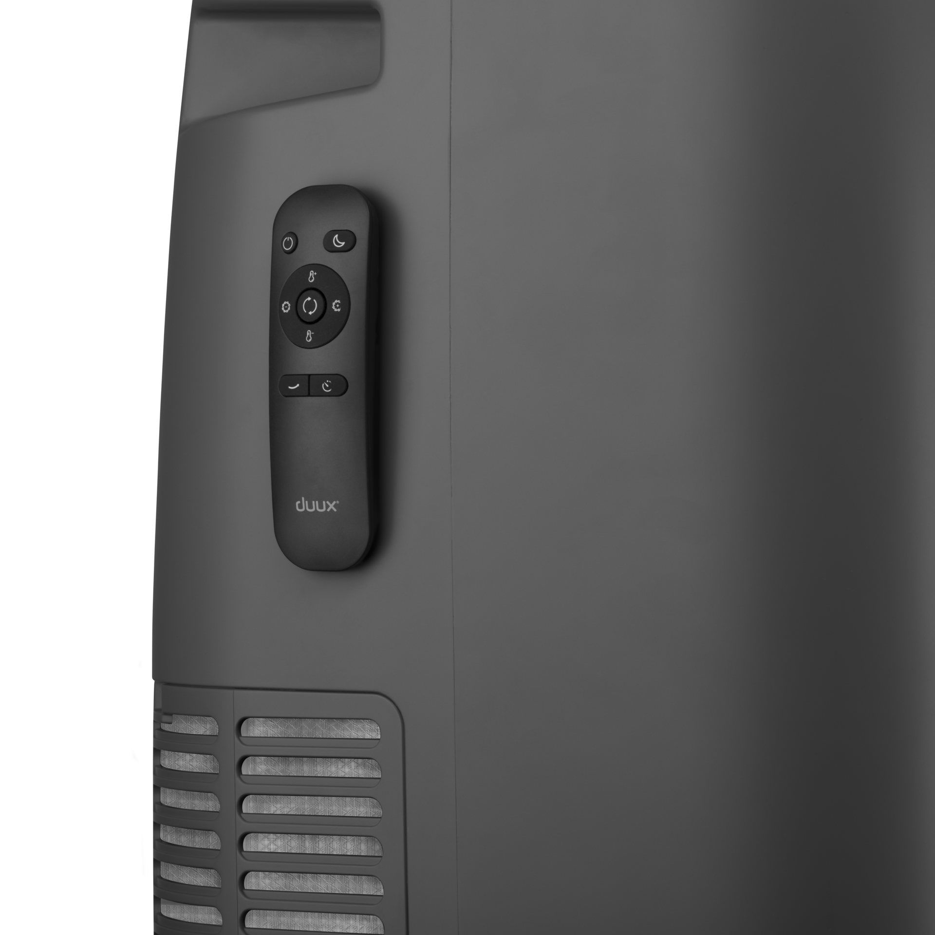 Black air purifier with a detached remote control on the side.