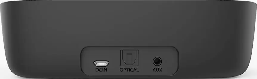 Schwarzes Audiogerät, Rückansicht, mit DCIN, Optical und AUX-Eingängen.