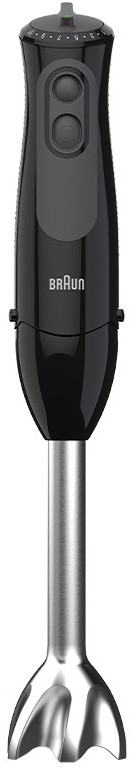Een zwarte staafmixer met een zilveren mengkop en een Braun-logo.