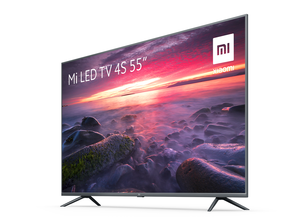 Un Mi LED TV 4S 55". La pantalla muestra una imagen de atardecer. Fondo blanco y logo de Xiaomi.