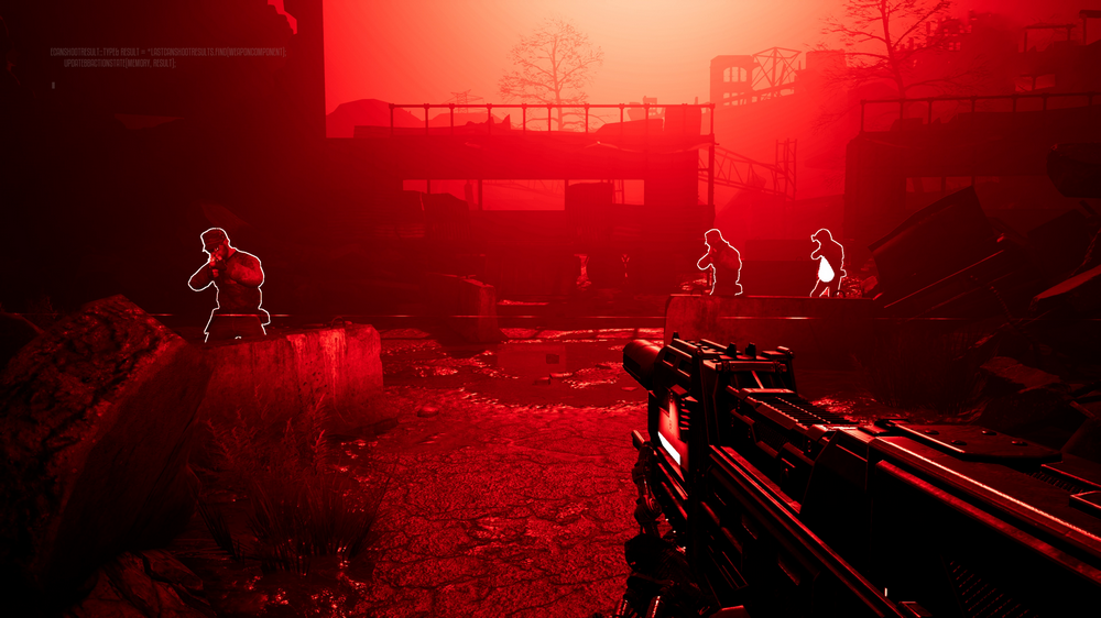 Una perspectiva en primera persona de una escena de videojuego en tonos rojos con figuras resaltadas.