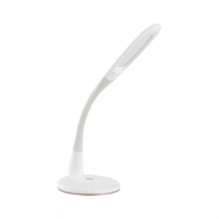 Moderne weiße Schreibtischlampe mit gebogenem Hals und rundem Fuß.