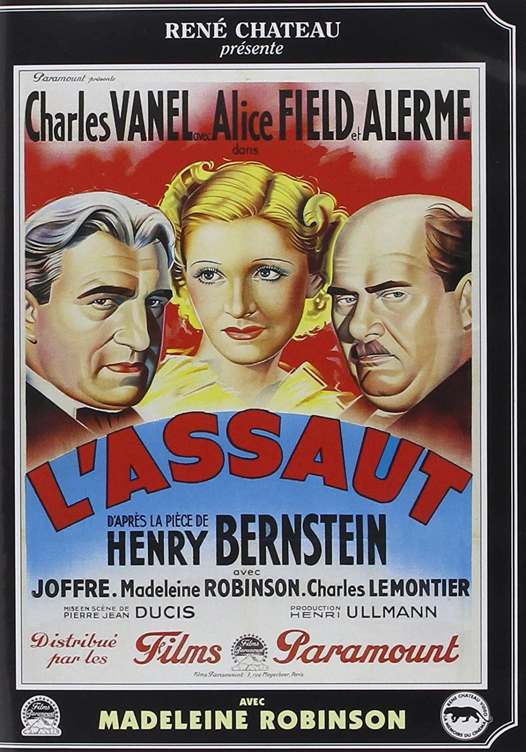Filmposter voor 'L'assaut' met drie gezichten en tekst. Rode, blauwe en zwarte kleuren.