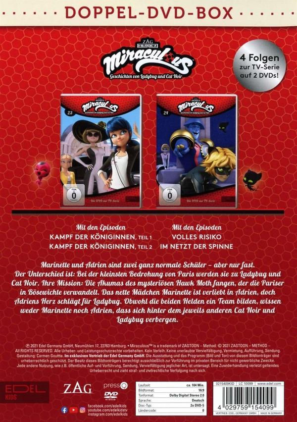 DVD-Box mit zwei Miraculous Ladybug DVDs, Text auf Deutsch, roter Hintergrund.