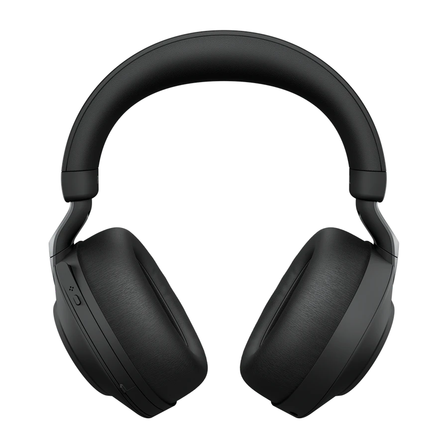 Schwarze Over-Ear-Kopfhörer. Klare Frontansicht, schwarzer Hintergrund.