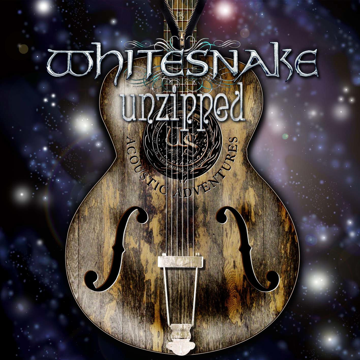Albumhoes met gitaarafbeelding en tekst: Whitesnake Unzipped, Acoustic Adventures.