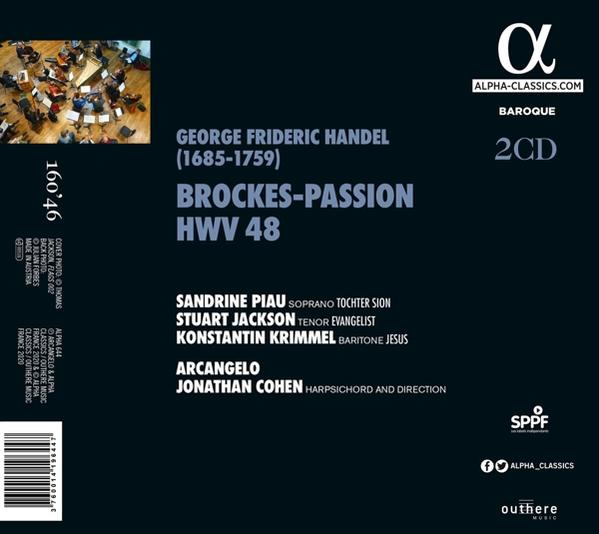 CD-Cover mit Barockmusikdetails. Es enthält Text über Händels 'Brockes-Passion' und Namen der Interpreten.