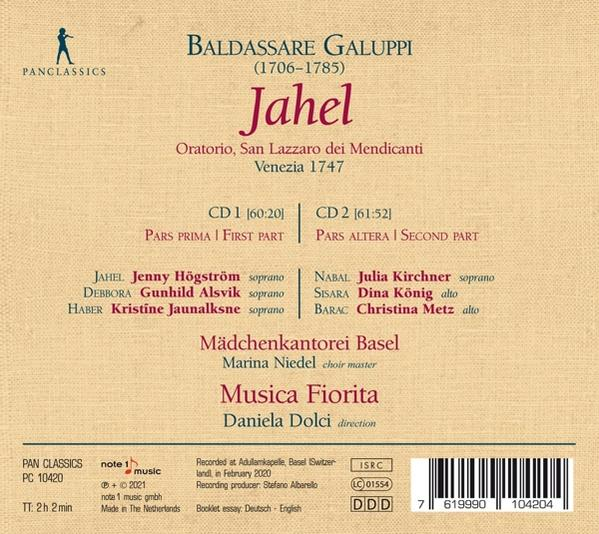 Rückseite eines CD-Covers mit Text über Baldassare Galuppi. Listet Songtitel und Credits auf. Beige Hintergrund.