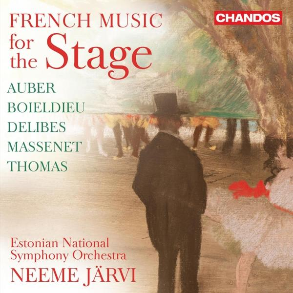Albumcover mit einem Mann mit Zylinder, Text 'French Music for the Stage' und Künstlernamen.