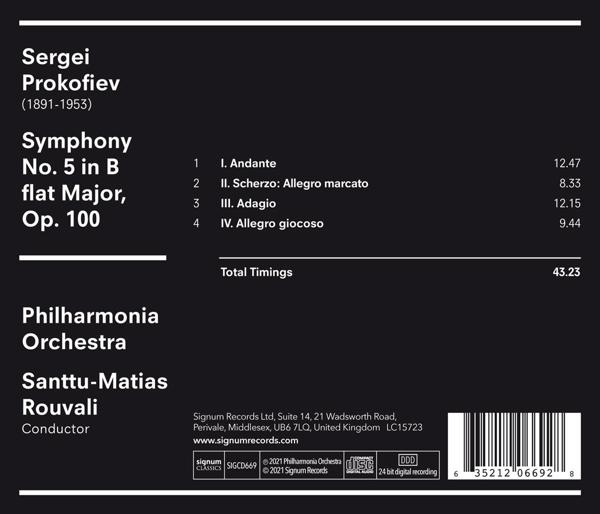 Rückseite eines CD-Covers. Details zu Sergei Prokofiev und seiner Symphonie. Schwarz-Weiß-Hintergrund.