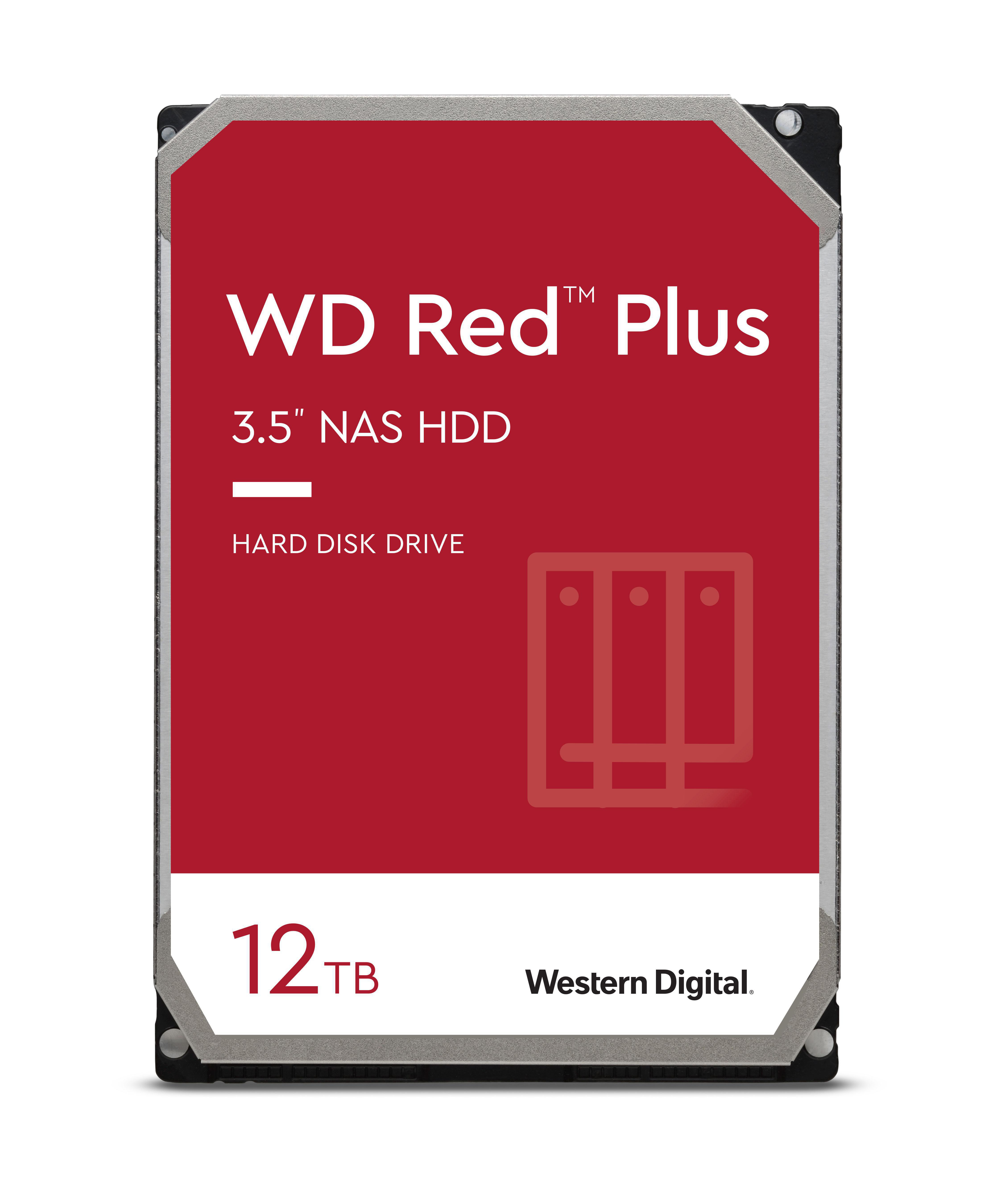 WD Red Plus Festplatte auf weißem Hintergrund, mit Text 'WD Red Plus' und '12TB'.
