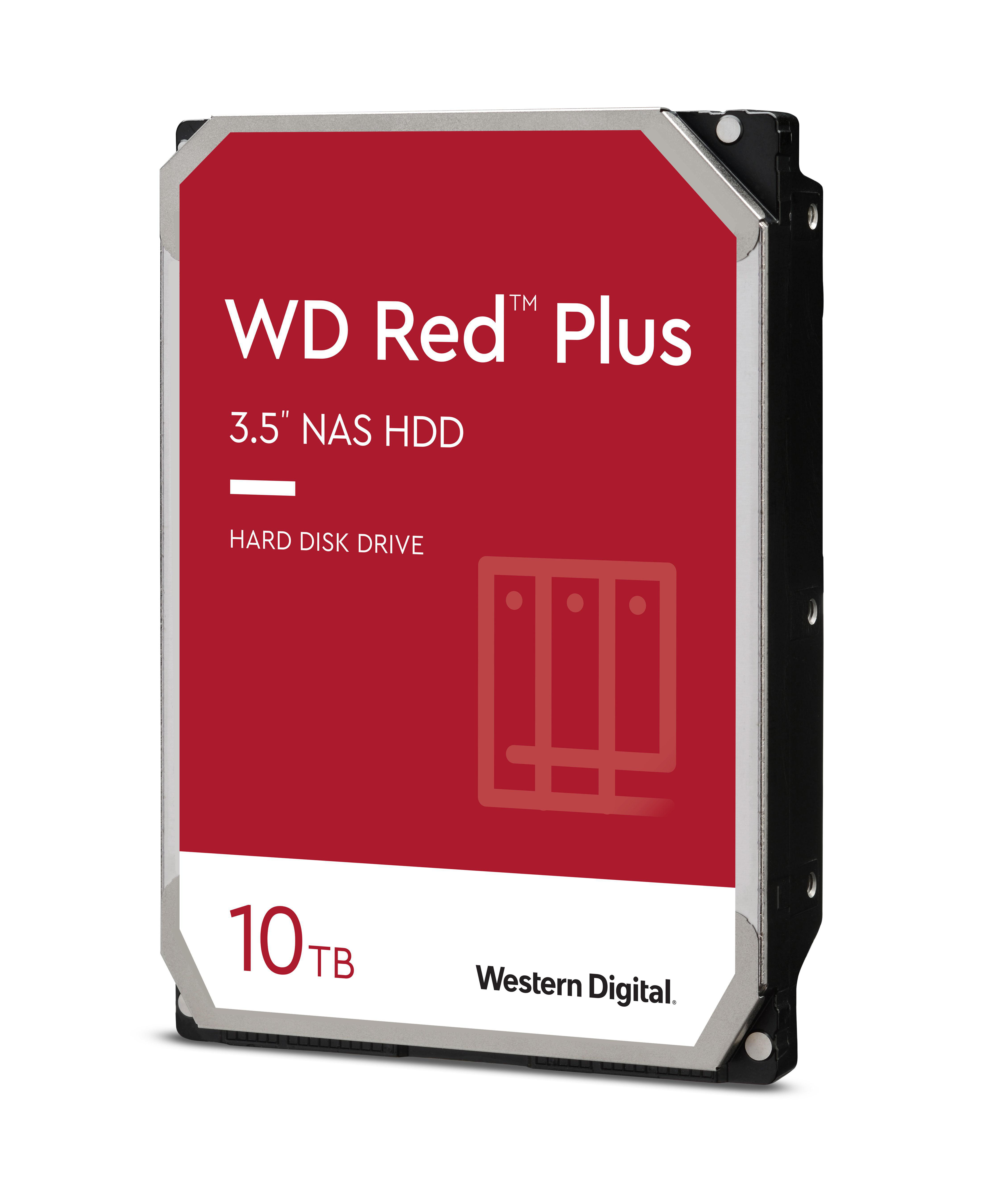 WD Red Plus 10TB Festplatte. Rotes Etikett mit weißem Text und Logo, schwarzer Rahmen.