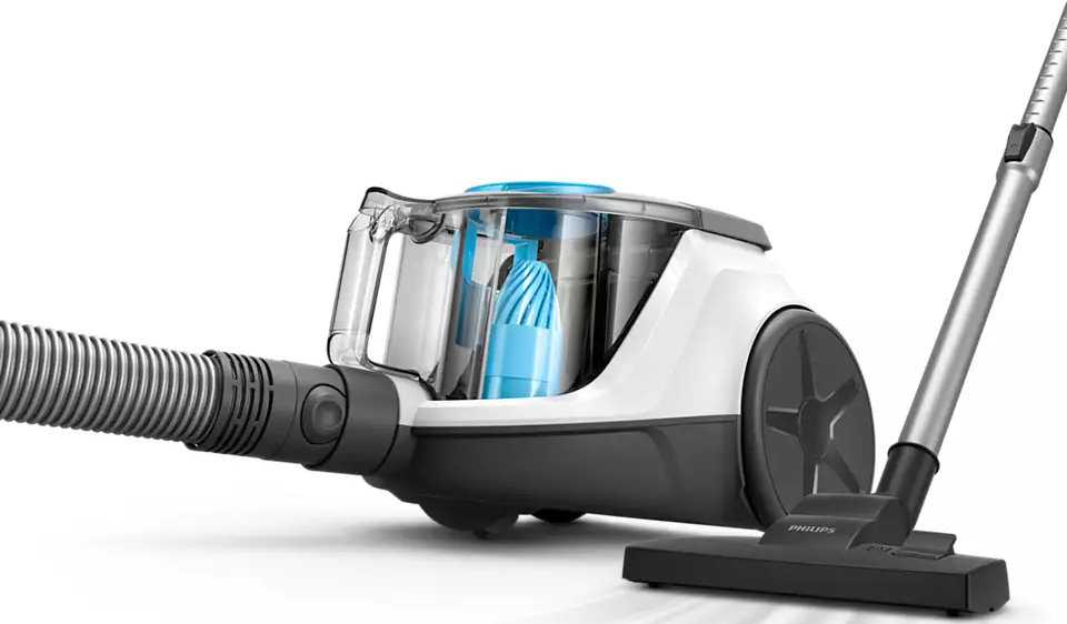 Ein Philips Staubsauger mit transparentem Staubbehälter und schwarzer Düse.