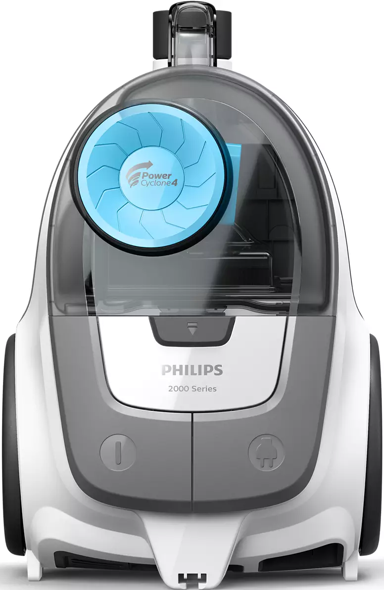 Weißer und grauer Philips Staubsauger. Er hat ein blaues Power Cyclone 4 Logo. Das Modell der 2000er Serie ist sichtbar.
