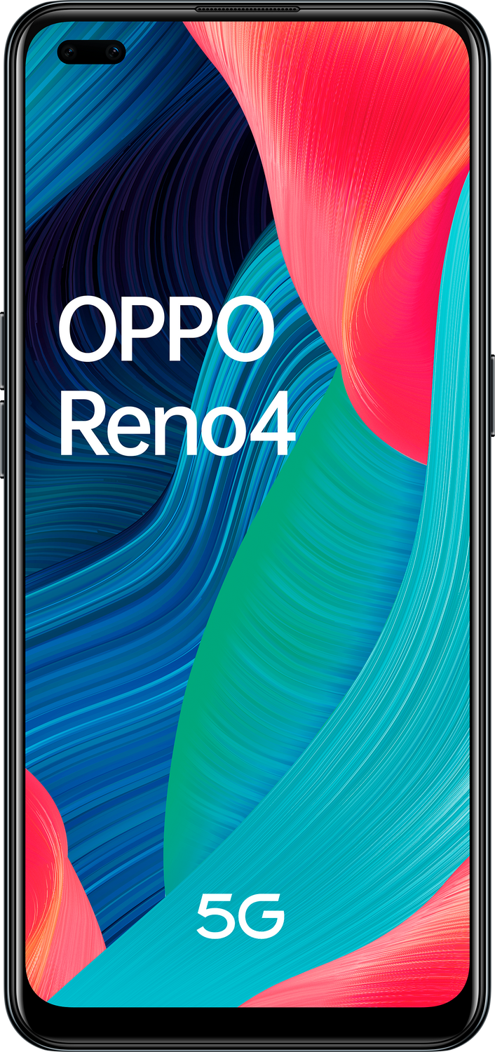 Un smartphone muestra el logo OPPO Reno4 sobre un fondo abstracto colorido.