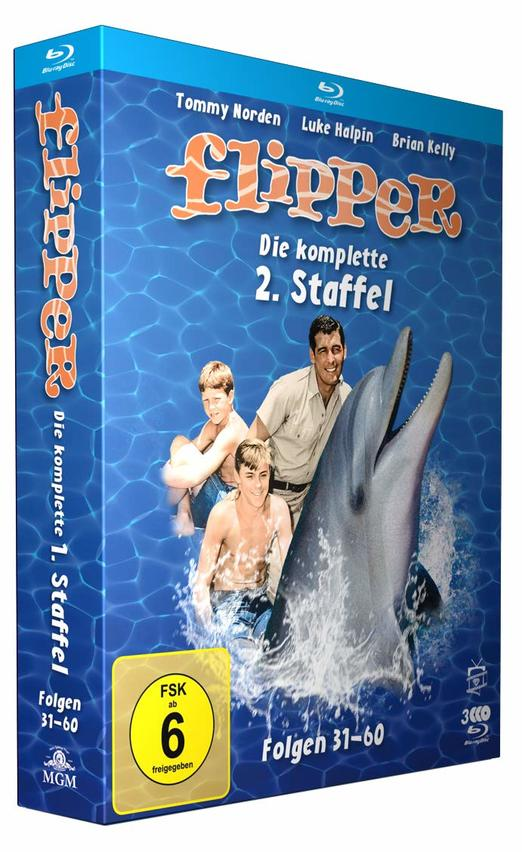 DVD-Box-Set für Flipper, mit Schauspielern und einem Delfin, Wasserhintergrund.