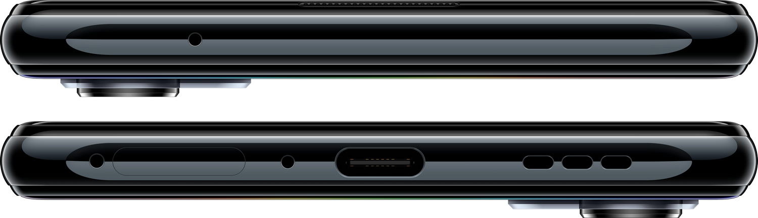 Primer plano de dos teléfonos inteligentes negros que muestran los bordes inferior y superior.