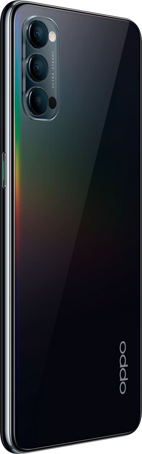 Vista trasera de un smartphone. Tiene un acabado degradado oscuro y una matriz de cámara vertical.