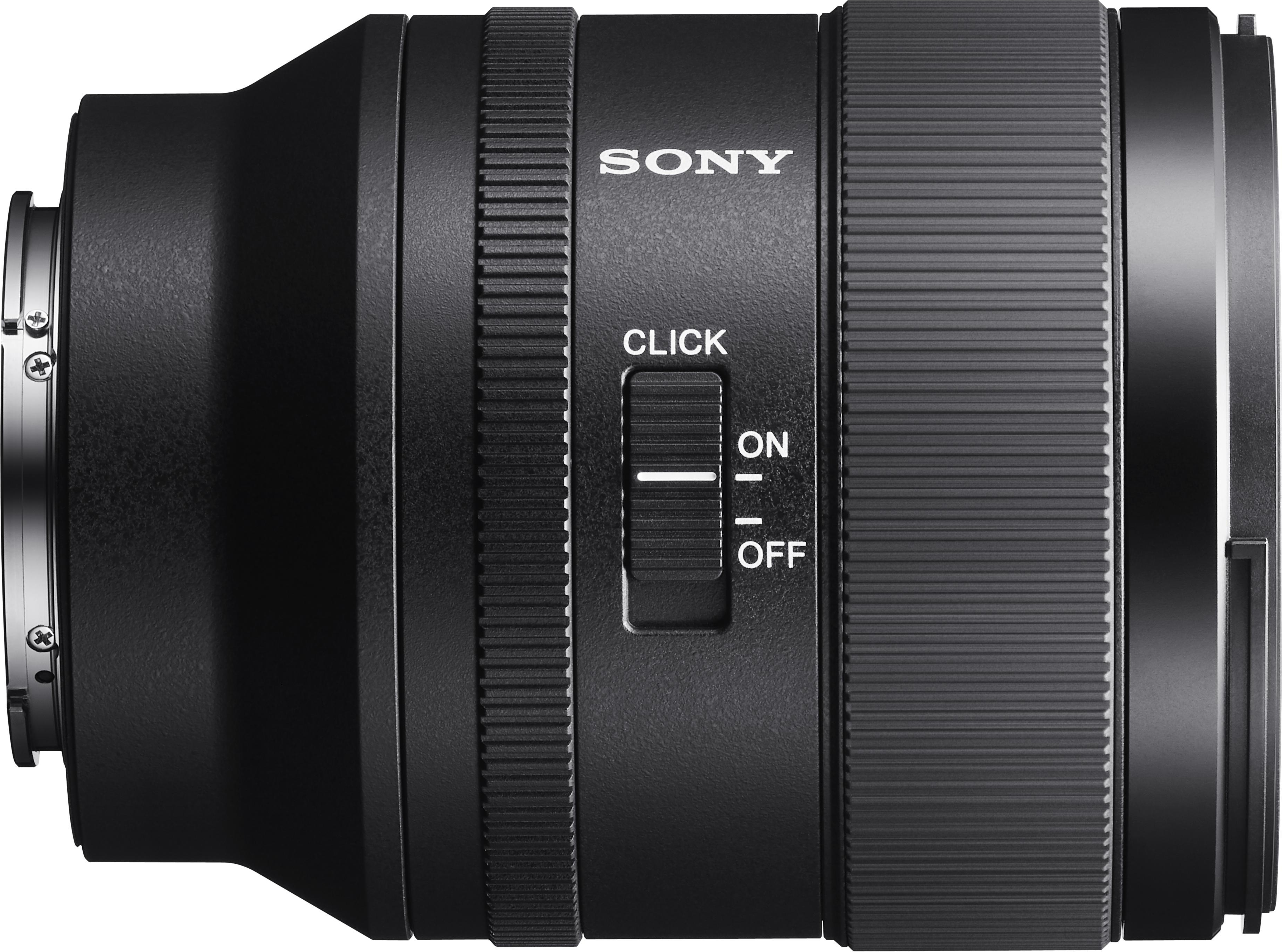 Un obiettivo nero con un interruttore con le etichette "ON" e "OFF" e il marchio "SONY".