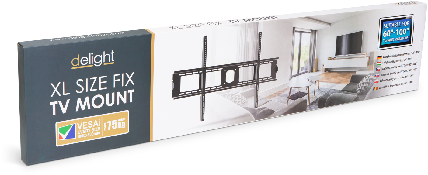XL méretű TV tartó doboza, a terméket és a falra szerelt TV-t mutatva.