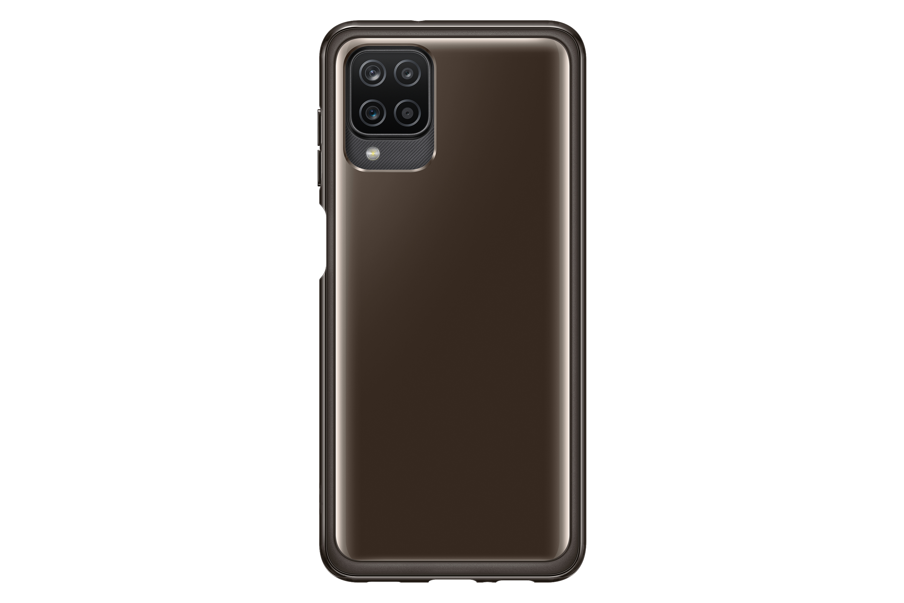 Ein braunes Mobiltelefon mit Schutzhülle auf weißem Hintergrund. Die Kamera ist sichtbar.