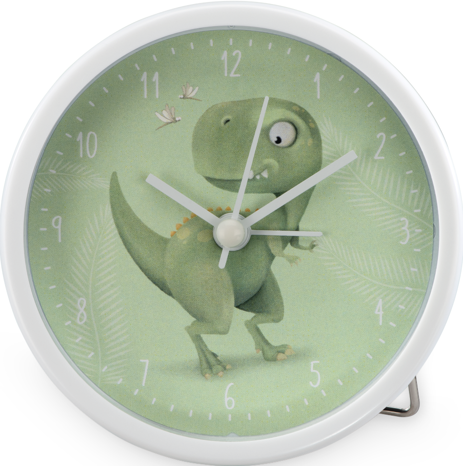 Sveglia rotonda e bianca. Un dinosauro verde è sul quadrante con uno stile cartone animato.